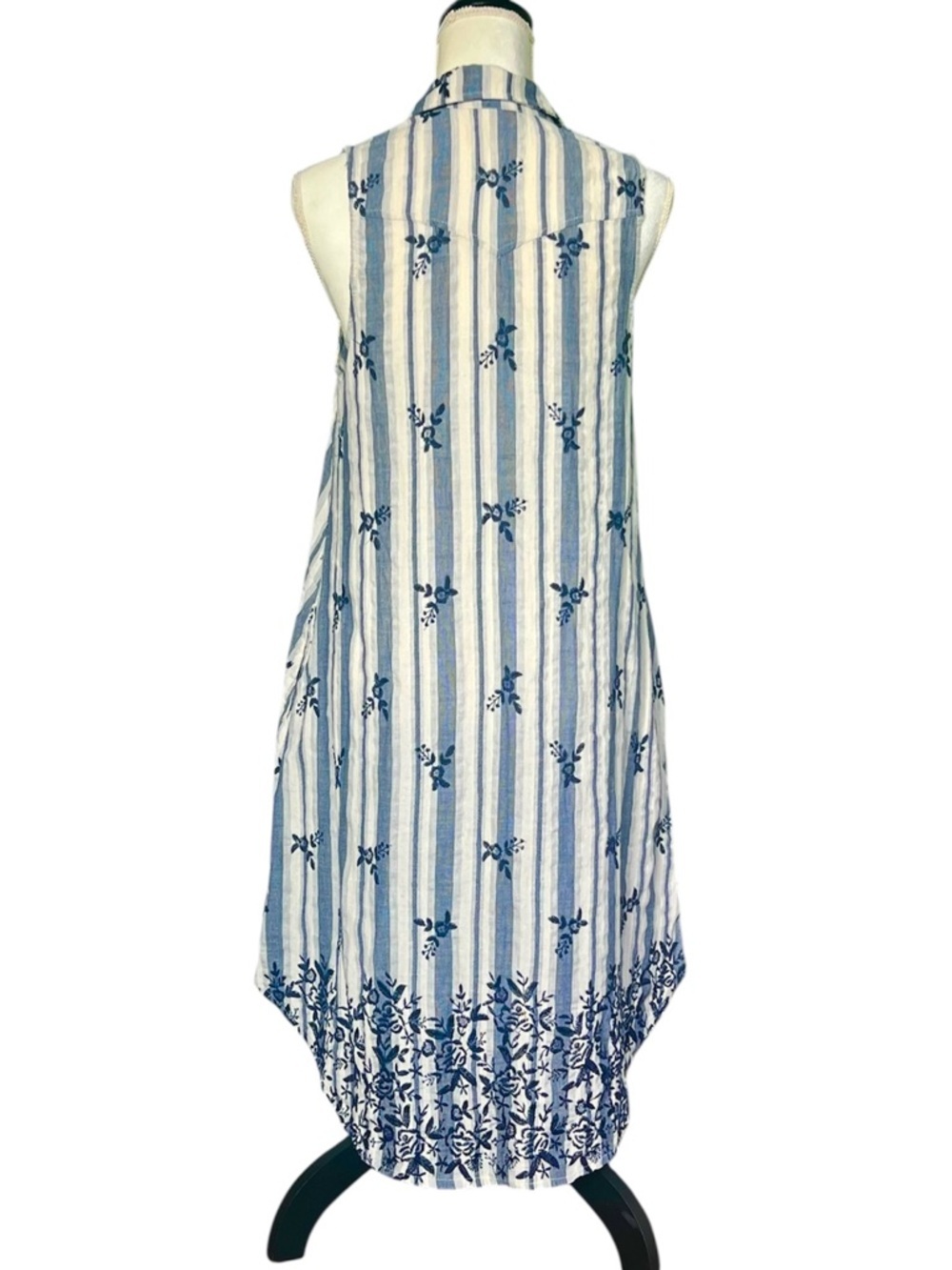 Boho Chic Embroidered Cotton Striped Appliqué Midi Dress Blue and Ivory Size S - Picture 4 of 12